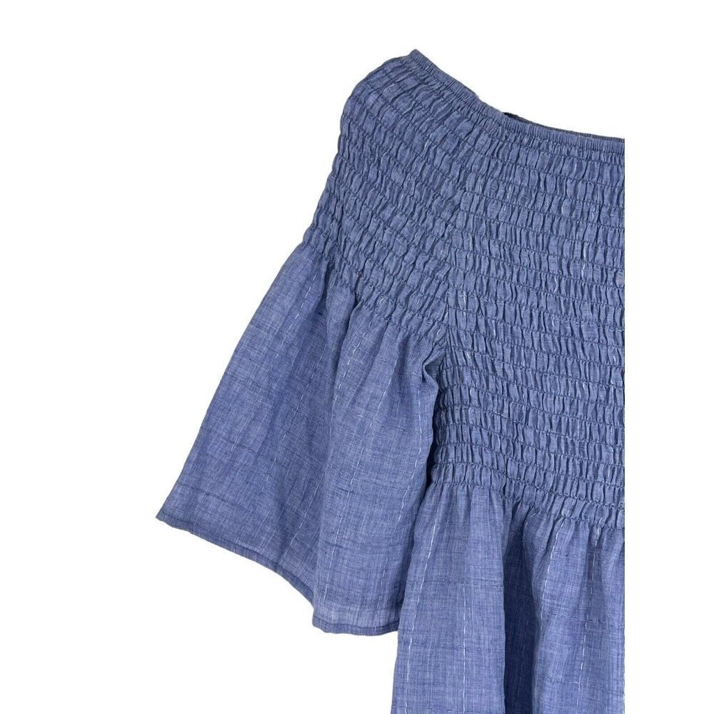 Liverpool Off The Shoulder Top‎ Blue Chambray Smocked Short Sleeve Small Casual - Picture 7 of 16